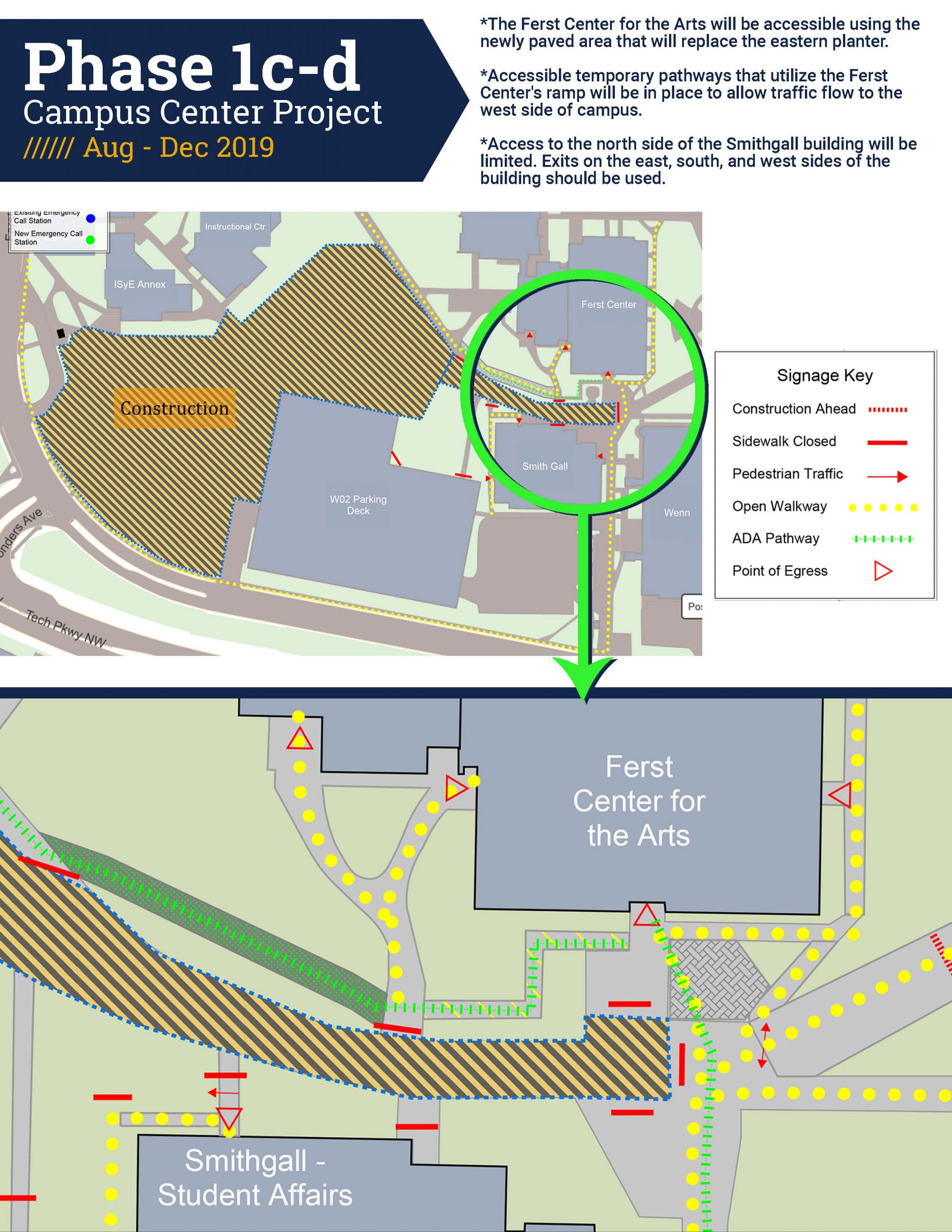 The diagram illustrates the alternate pathways that will be in place beginning in September to maintain traffic flow and sufficient egress in the event of an emergency from the Ferst Center or Smithgall Student Services Building (Flag Building).  