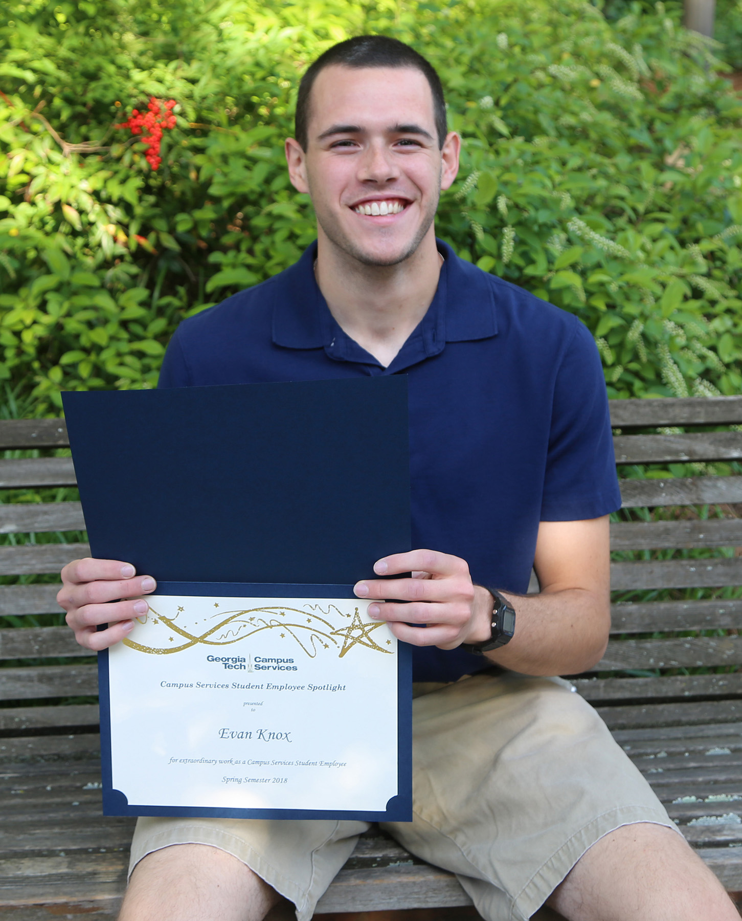 Evan Knox received the Campus Services Student Spotlight Award Spring 2018

 